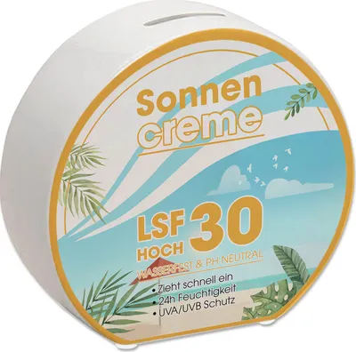 Produktbild von Spardose mit Sonnencreme Motiv - Für Urlauber die auf den Sommerurlaub sparen