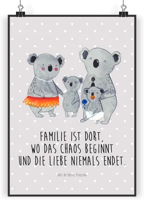 Produktbild von Mr. & Mrs. Panda Bild Koala Familie DIN A4 - Grau Pastell - Geschenk, Muttertag, Family, drucke, Kunstdruck, Mama, wanddeko, poster, Koalas, Kinder, Wandbild