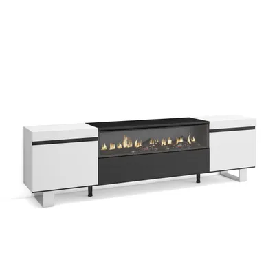 Image de COZY Meuble TV, Banc Télé, 200x35x57cm, Pour les TV jusqu'à 80", Cheminée électrique, Blanc et noir