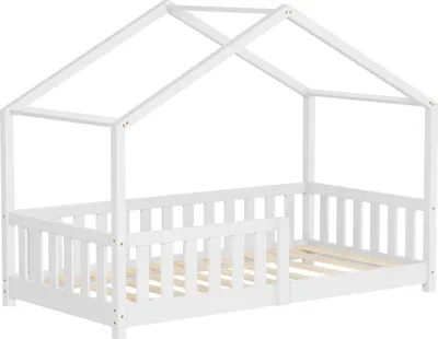 Produktbild von ML-Design Kinderbett Hausbett 80x160 cm Weiß, Holzbett mit Rausfallschutz Lattenrost und Dach Spielbett aus massivem Kiefernholz für Kinder Bodenbett