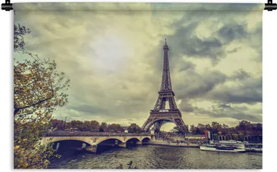 Produktbild von MuchoWow® Wandteppich Wandbehang Wasserblick auf den Eiffelturm und Paris 60x40 cm Tapisserie Dekoration Wandtuch - Wanddekorationen