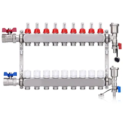 Produktbild von 9 Heizkreise | Heizkreisverteiler inkl. 1" Kugelhähne | Fußbodenheizung mit Entlüfter Flussmesser Durchflussmesser für Eurokonus 3/4 | 30x1,5 mm HKV V