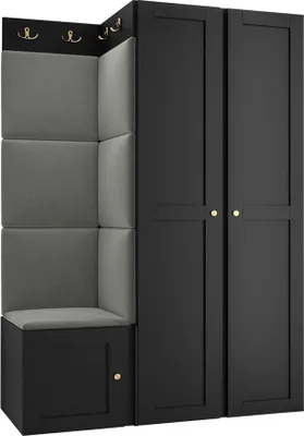 Produktbild von MIRJAN24 Garderoben-Set Orion Ramiro XXIII, Kleiderschrank, Schuhschrank, Kleiderhakenbrett, 7x Paneel 42x42, 8 Kleiderhaken, Metallgriffe (Farbe: Schwarz, Manila 16)