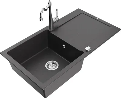 Produktbild von Mexen Leo 1 Becken-Granitspüle mit Abtropffläche und Mischbatterie Carla, Schwarz gesprenkelt - 6501-76-670700-00