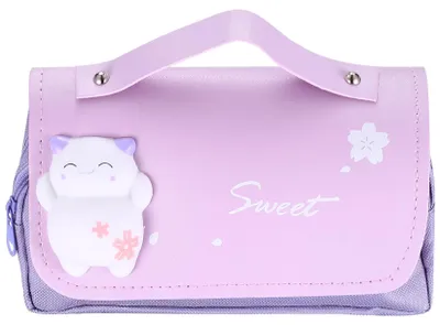 Image de Trousse à crayons à 3 compartiments, avec un grand porte-crayons, trousse de bureau portable et mignonne avec un motif de chat, pour filles, femmes et adolescentes (violet)