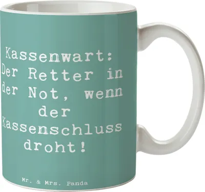 Produktbild von Mr. & Mrs. Panda Teetasse Spruch Kassenwart Held - Meeresbrise - Geschenk, Berufsleben, Keramiktasse, Genauigkeit, Kaffeebecher, personalisierte Geschenke, Zahlenmensch