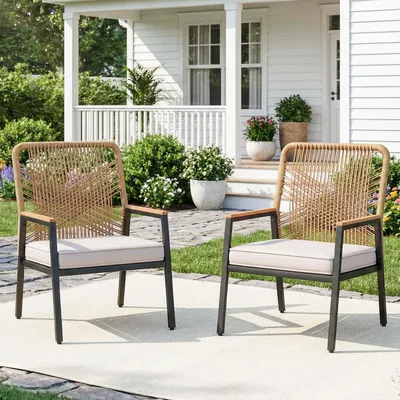 Productafbeelding van Set van 2 rieten tuin stoelen, balkonstoelen van metaal en riet, met een 8 cm dikke zitkussen, geschikt voor terras en tuin