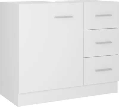 A white bathroom vanity cabinet with a door and three drawers.