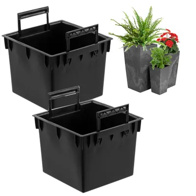 Two black plastic pot inserts with handles are shown in the foreground, with three decorative planters containing plants in the background.