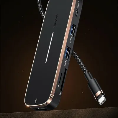 Produktbild von USAMS USB-C HUB Adapter – 2x USB, HDMI, MicroSD, SD – Schwarz
