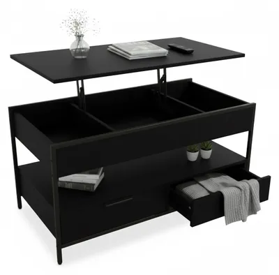Ausklappbarer Couchtisch mit 2 Schubladen, Schwarz, 100x50x48-63 cm