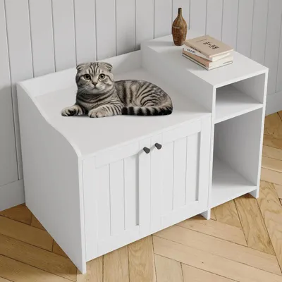 Produktbild von Katzenmöbel - Katzenklo-Schrank & Beistelltisch - 2-in-1 - Versteckte Katzentoilette - Hundesicher - Holzschrank - Mit Ablage & Türen - Weiß