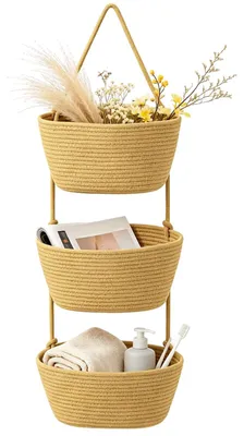 Hängende Aufbewahrungstasche, 3 Etagen, Baumwollseil, 30×18 cm, Khaki
