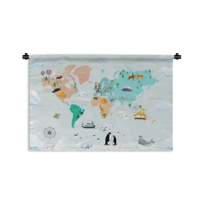 Produktbild von MuchoWow® Wandteppich Wandbehang Weltkarte Kinder - Symbole - Kompass 150x100 cm Tapisserie Dekoration Wandtuch - Waschbar - Tapisserien - Wand-Decke