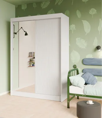 Produktbild von Schwebetürenschrank, 2-türig Kleiderschrank und Spiegel, Moderne Garderobe, Schrank in Größe: 150 x 215 x 61 cm
