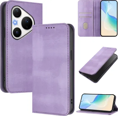 Obrázek produktu pro Pouzdro pro Huawei Pura 80 Pro, vintage kožené pouzdro s RFID ochranou, přihrádkami na karty, stojánkem Fialový
