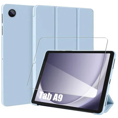 Image de Coque + Verre Trempé pour Samsung Galaxy Tab A9 (8,7 Pouces) Etui Bleu Antichoc avec Fonction Support
