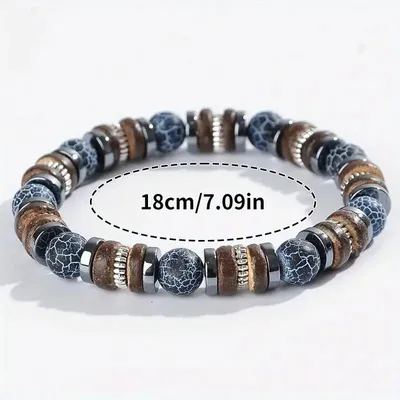 Produktbild von Elastisches Perlenarmband aus polierten Steinperlen, Holz- & Metallelementen – Boho Ethno Schmuckarmband – Uni Stretcharmband für Damen & Herren