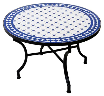 Produktbild von Marokkanischer Mosaik Couchtisch Marrakesch Weiss Blau Ø80cm H45cm klappbar handgefertigt aus Marrakesch, runder Gartentisch Beistelltisch für Balkon Garten Wohnzimmer orientalisch mediterran