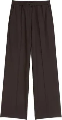 A pair of dark brown jogger-style pants laid flat.
