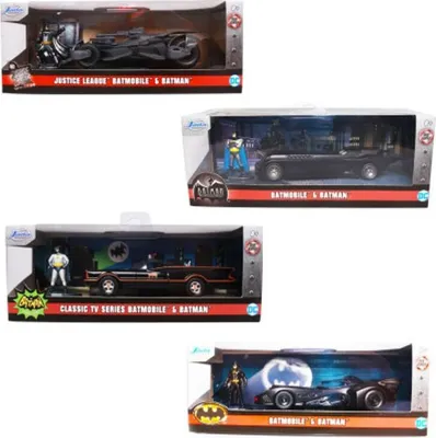 A collage of four different Batman Batmobile toy sets, each featuring a Batmobile and a Batman figure in its packaging.