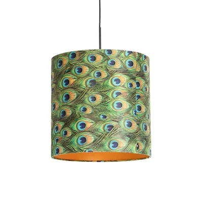 Produktbild von QAZQA - Klassisch I Antik Hängelampe I Pendellampe I Pendelleuchte mit Veloursschirm Pfau mit Gold I Messing 40 cm - Combi I Wohnzimmer I Schlafzimmer - Textil Zylinder I Länglich I Rund - LED geeigne