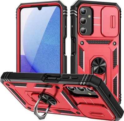 Produktbild von Galaxy A25 Hülle, Schiebe Kamera Schutz Stoßfest Schutzhülle mit Ringhalterung Ständer für Samsung Galaxy A25 Rot