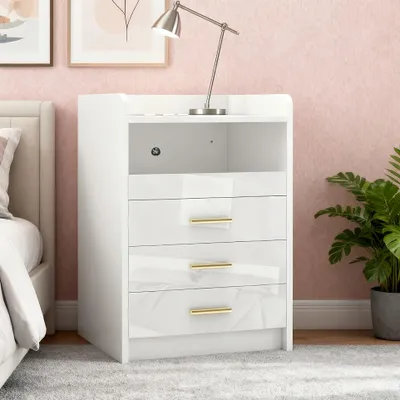 Image de Table de chevet blanche moderne - Robuste, avec 3 tiroirs et une étagère ouverte