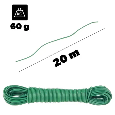 A green clothesline is shown coiled at the bottom, with a diagram of a stretched clothesline above it, indicating its length and weight.