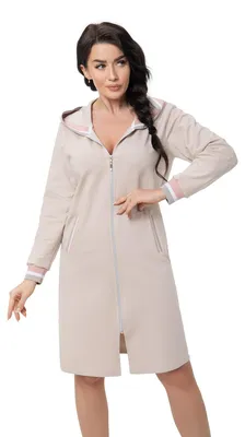 Image de DOROTA : peignoir pour femme douillet et moderne, avec fermeture éclair, poches et capuche, beige, taille M