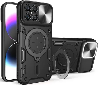 Produktbild von Handyhülle für Honor X8 4G Dual-Layer Stoßfest Rüstung Hülle mit Dia Kameraschutz und Kreisförmig Ring Ständer Schwarz