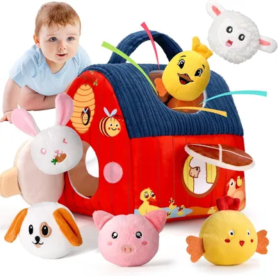 Productafbeelding van Babyspeelgoed 6 maanden 1 jaar - Sensorisch speelgoed van de boerderij van pluche met schuur en 6 dieren - Rammelaar - Montessori kinderspel