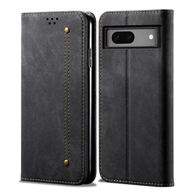 A black leather flip wallet case for a Google Pixel phone is shown against a white background.