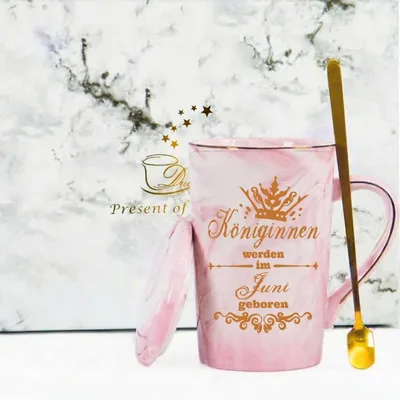 Obrázek produktu pro Šálek na kávu, dárek k narozeninám, růžová barva, 400 ml, keramika, zlatý okraj