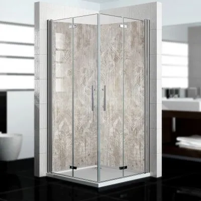 Produktbild von dedeco Eck-Duschrückwände Aluminium wasserfest Motiv: Holz V2, Nano-Protect hochglänzend, 2 x 100x200x0,3cm, Fliesenersatz fugenlos Wandverkleidung Wandpaneele,  Germany