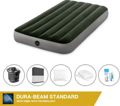 Produktbild von Intex Luftbett - 1 Person - 99 x 191 x 25 cm - Grün - Mit Pumpe + Spannbettlaken Schwarz + Kopfkissen + Molton 2 in 1 Kissenbezüge + Reperaturset