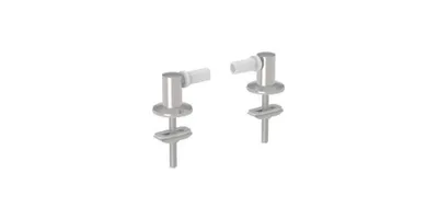 Two metal hinges with white plastic tips are shown against a white background.