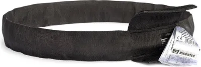 A black round sling with a label attached.
