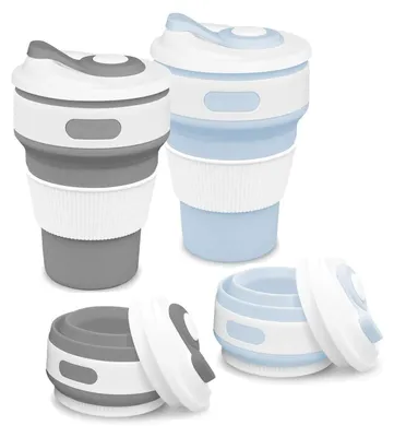 Produktbild von Faltbare Becher, 2 tragbare Silikonbecher, Reisekaffeebecher, wiederverwendbare faltbare Reisebecher, Campingbecher mit Deckel und Klappdeckel