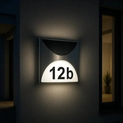 A modern, illuminated house number sign mounted on an exterior wall at night.
