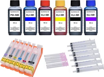 Image de 6 cartouches rechargeables compatible avec Canon PGI-580 & CLI-581 + 6 x 100 ml d'encre noir, cyan, magenta, jaune, photo-black, photo-blue