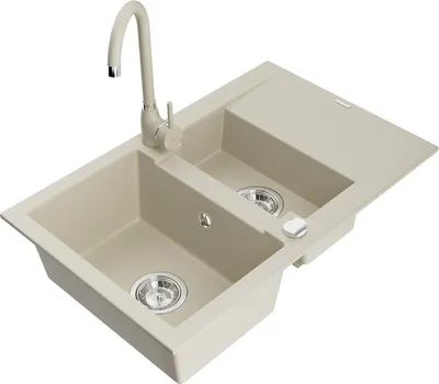 Produktbild von Mexen Gaspar 1,5-Becken-Granitspüle mit Abtropffläche und Mischbatterie Telma, Beige - 6507-69-670200-69