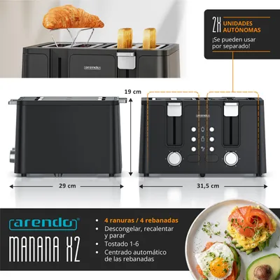 Imagen del producto de Arendo, tostadora con 4 ranuras cortas, capacidad para 4 rebanadas, 1750 W, función automática, acero inoxidable, carcasa de doble pared con aislamiento térmico
