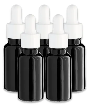 Produktbild von 5x Schwarze Glasflasche 20 ml mit weißer Pipette – Tropfflasche