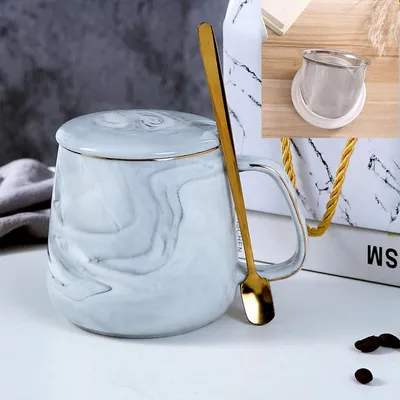 Obrázok produktu pre Šálka s vekom a sitkom, mramorový vzor, keramika, 400 ml, sivá