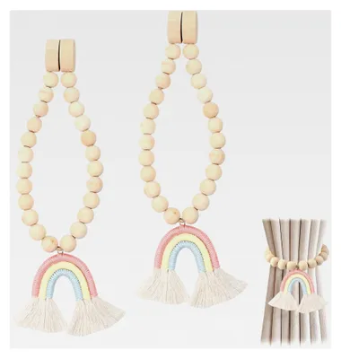 Produktbild von 2 Stück Magnetische Vorhang Raffhalter mit Regenbogen Quasten Anhänger für Zuhause, Schlafzimmer und Büro (Gelb und Blau)