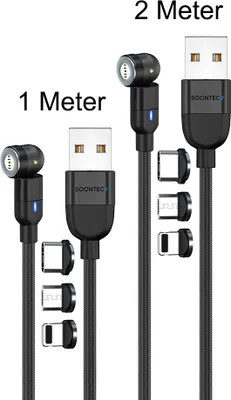 Obrázok produktu pre Magnetický nabíjací kábel sada 2 (2 metre+1 meter) SOONTEC dátový kábel magnetický nabíjací kábel otočný o 360°&180° s 3 zástrčkami každý Micro USB/ USB-C/ Lightning 3.0 A nabíjací kábel (čierny)