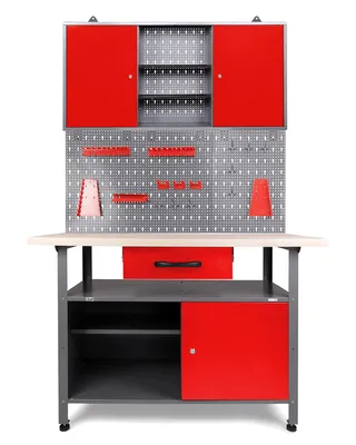 Produktbild von Ondis24 Metall Werkstatt Set 120 cm "Klaus" rot Werkbank + Schrank Arbeitshöhe 85 cm abschließbar höhenverstellbare Füße Arbeitsplatte Holz Werkstatteinrichtung Packtisch Werktisch Werkstatttisch Montagewerkbank Hängeschrank Werkzeugschrank Werkstattschrank Werkzeugwand Werkstattwand Werkzeughalter Lochblech