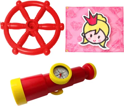 Produktbild von Wippchen-Shop Spielturmzubehör 3in1 SET Teleskop mit Kompass+ Fahne Prinzessin+ Schiffrad Spielhaus Rot