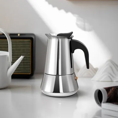 Produktbild von Espressokocher, 100 ml, 2 Tassen, Kaffeebereiter, Kaffeekanne, Kaffeekocher, Edelstahl, für Induktionsherde und offene Flammen